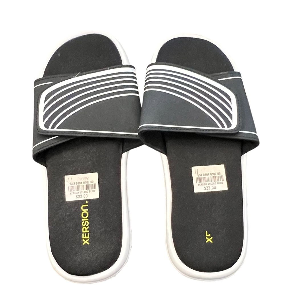 Xersion Men's Black White Striped Memory‎ Foam Slide Sandals Size 11 Adjustable
